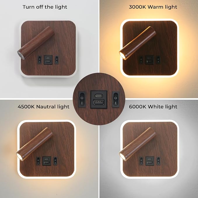 Plug in Wall Sconce with Wall Mounted Reading Lights with Switch | Wall Lamp for Bedroom with Charging Station USB C+A Ports,Bunk Bed Lights with 3W+9W Night Light,Walnut Color Reading Light