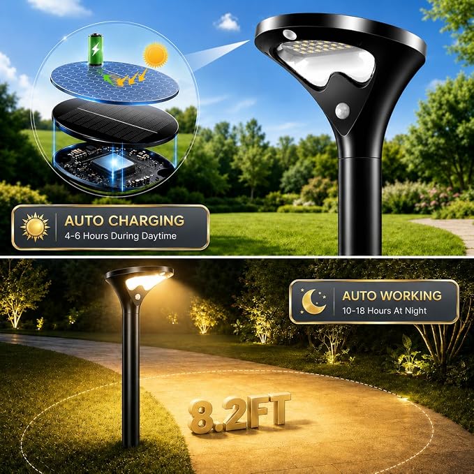 Garpar 400LM Solar Pathway Lights with Motion Sensor, Tempered Glass Panel | 26 LEDs, 3 Modes, Waterproof, 1500mAh Battery, Larger Solar Panel, 3 Height Options for Garden Yard Walkway Driveway Path