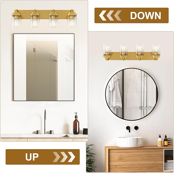 Brushed Gold Bathroom Light Fixtures, 4 Lights Bathroom Lighting Fixtures Over Mirror, Square Design & Rectangle Large Backplate, Modern Vanity Lighting Fixtures, for Living Room/Bedroom