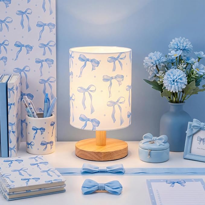 Blue Bow Kids Table Lamp for Bedroom Kids Bedside Lamp with Linen Wooden Nightstand Cartoon Nursery Lampshade for Girls Boys Living Room