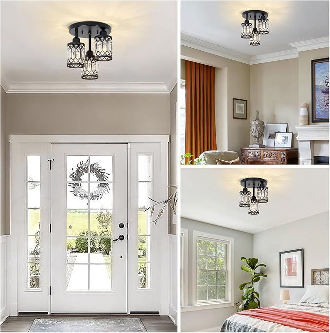 PAUFUL Semi Flush Mount Ceiling Light,3-Light Modern Crystal Close to Ceiling Light Fixtures, Black Kitchen Light Fixtures with Clear Crystal Shade,Hallway Light Fixtures for Hallway Bedroom Bathroom