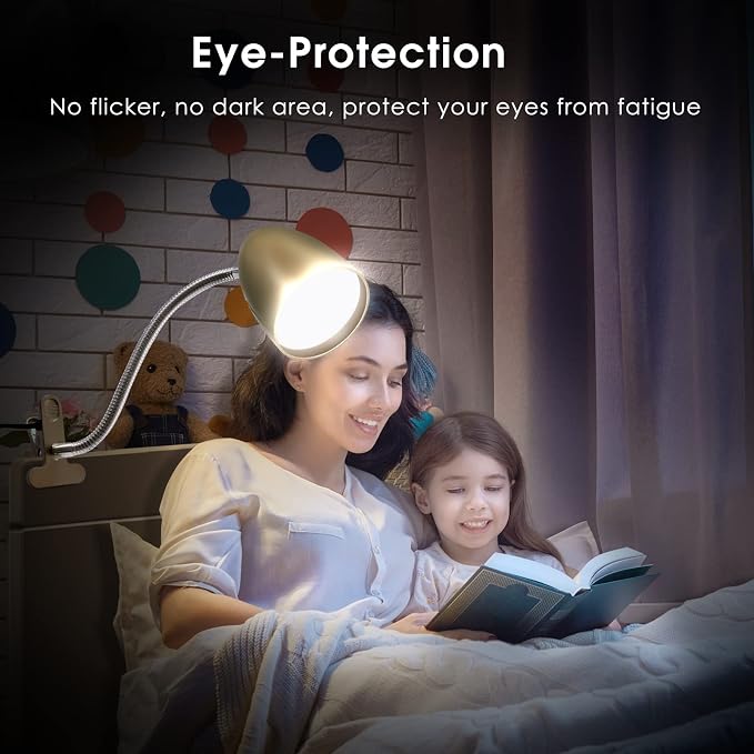 E ENERGETIC LIGHTING Clip on Light for Bed, Non-Dimmable Clip on Reading Light for Bed, 4000K Cool White, 3.5W 240 LM Desk lamp with clamp, Eye Protection, ETL Listed, Gold