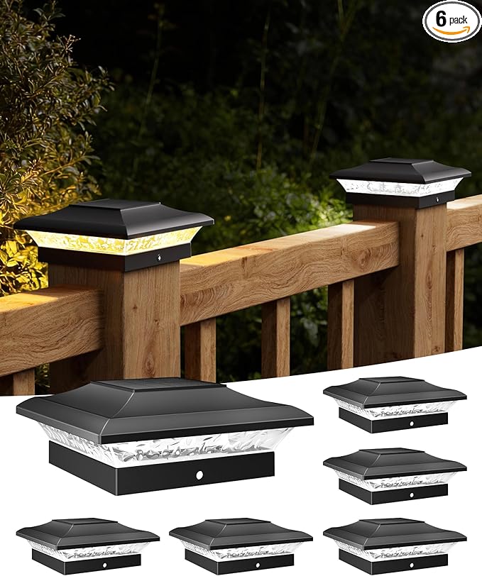 T-SUN Solar Post Cap Lights 6 Pack for 4x4 Vinyl/Wooden Posts, Waterproof Outdoor Warm & Cool White（3000K/6000K） Solar Powered Deck/Garden/Patio Lighting