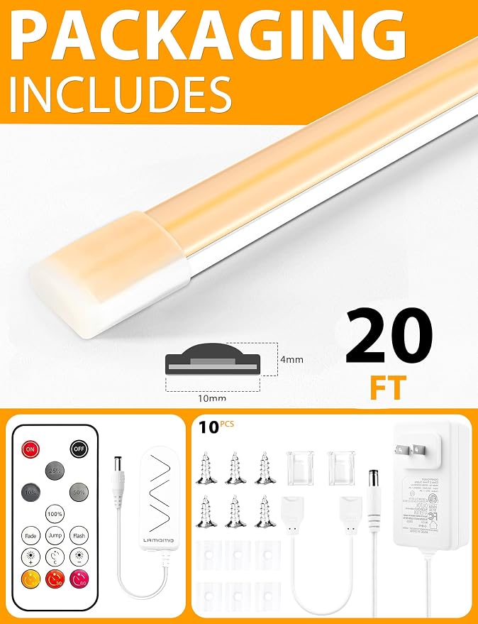 Lamomo COB LED Strip Lights 20Ft, Warm White Dimmable Self-Adhesive Led Rope Light with Remote, Flexible Cuttable Waterproof 3000K Silicone Neon Tape Light for Bedroom, Indoor, Cabinet, 10mm Width