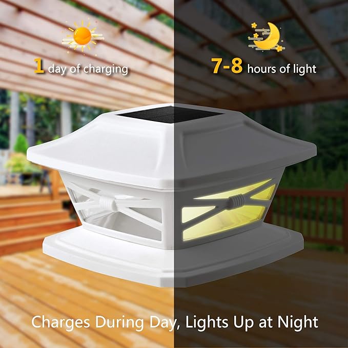 Flexfit Solar Outdoor Post Cap Lights - Includes Bases for 4x4 5x5 6x6 Wooden Posts - Bright LED Light - Pearl White (12 Pack) | Pearl White, Wooden Posts, fence/deck/garden/patio, UV fade-protected plastic, auto-on, 7-8h, cordless, IP44, 25lm warm white