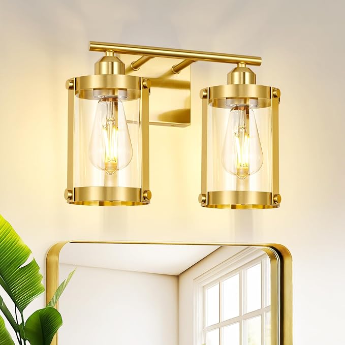 2-Light Brushed Gold Bathroom Light Fixtures, 13.8 Inch Modern Bathroom Vanity Lighting Fixtures Over Mirror with Clear Glass and Metal Cage Wall Sconce Lights for Bath, E26, OS-3014BG-2W