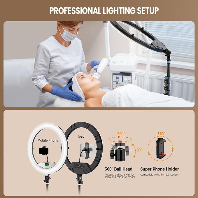 18" Ring Light with Stand: Touch Screen LED Display & 60" Tall Tripod, | 3 Color modes 6500K / 2 USB Ports Foldable LED Big Ring Light Tripod for Live Stream,YouTube,TikTok Video Shooting