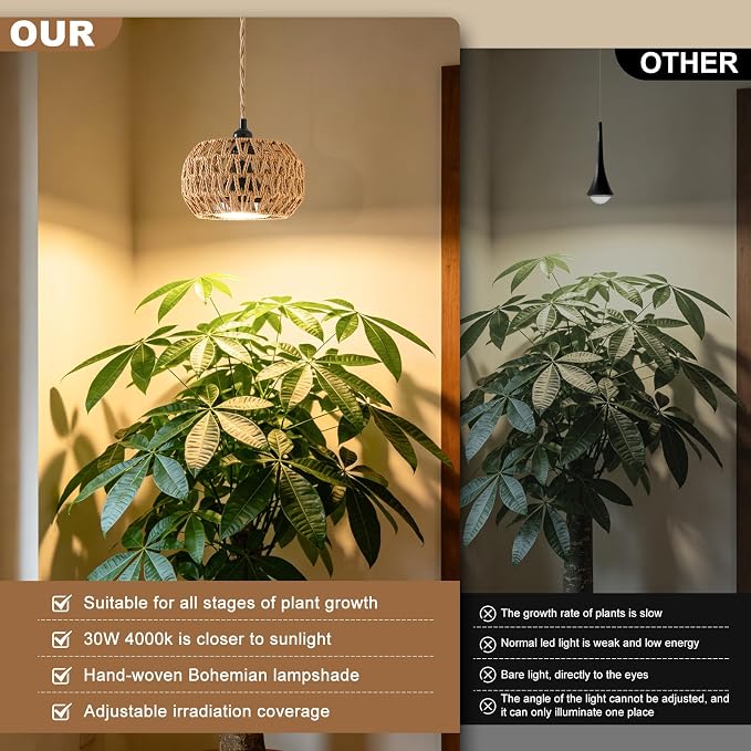 Hanging Grow Light, 30W LED Lamp with Timer for Indoor Plants | 4000K LED plant lamp with 15 ft cord, outlet timer, and boho paper rope shade for succulents, herbs, and low-light rooms.