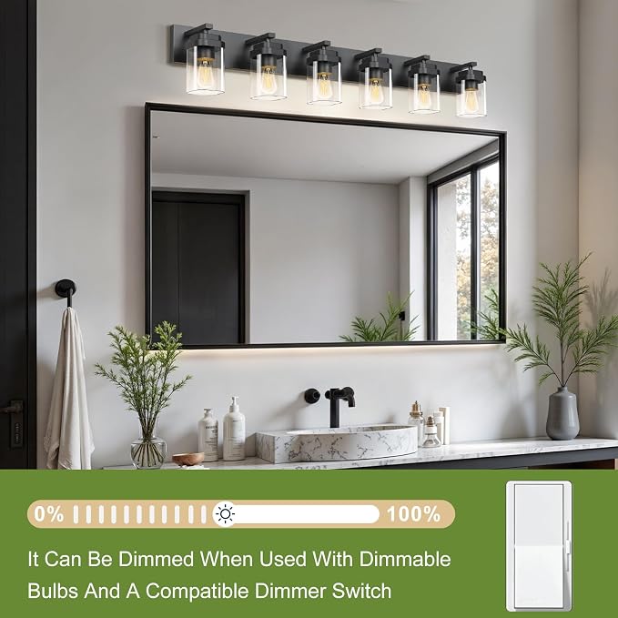 Black Bathroom Light Fixtures, 6 Lights Bathroom Lighting Fixtures Over Mirror, Square Design & Rectangle Large Backplate, Modern Vanity Lighting Fixtures, for Bathroom/Living Room/Bedroom