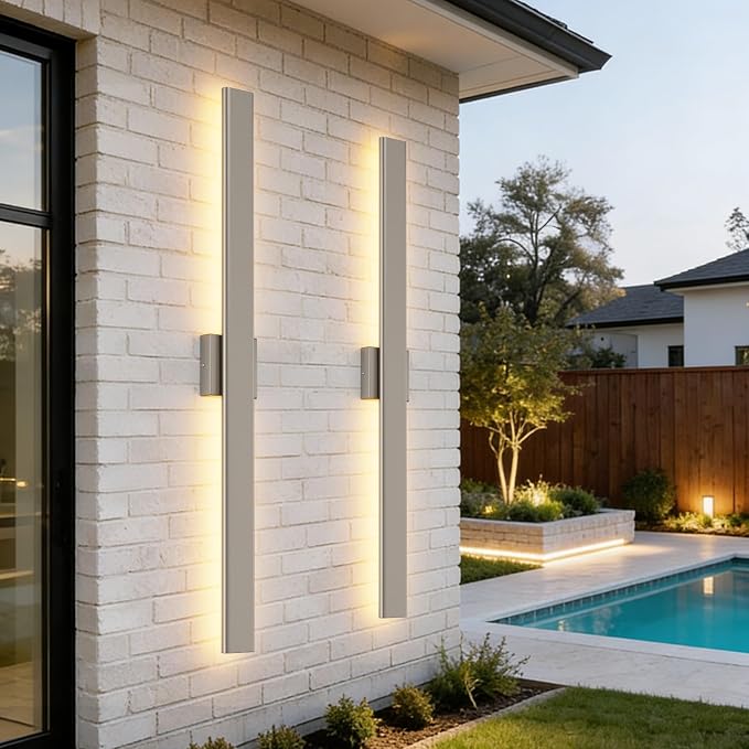 Aipsun 2 Packs Nickel Outdoor Wall Light 39.4inch Modern LED Exterior Wall Sconce, Long LED Linear Exterior Lights 3000K 4000K 6000K for Entrance, Hallway, Garage, Porch(3CCT)