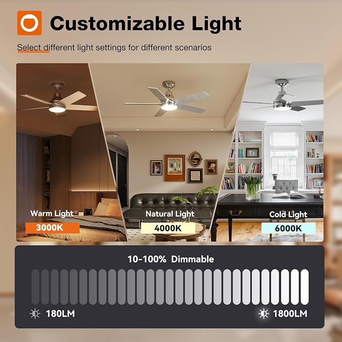 addlon 42 Inch Nickel Ceiling Fans with Lights and Remote | Reversible DC motor, 6-speed, Timer, 3CCT Dimmable, Quiet, Small Ceiling Fan for Bedroom, Living Room, Indoor/Outdoor Use