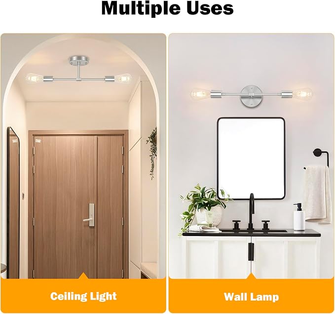 FadimiKoo 2-Light Brushed Nickel Bathroom Vanity Light, Silver Bathroom Wall Sconce Modern Wall Mounted Lamp Indoor Vintage Wall Sconces for Powder Room Hallway Cabinet (2 Pack)