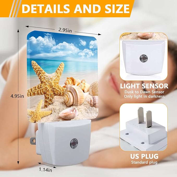 Ocean Beach Summer Night Light, Plug-into Starfish Seashell Sea Nightlight White LED Lamp, Energy Efficient Decor Desk Lamp for Bedroom Hallway Stairs Bathroom