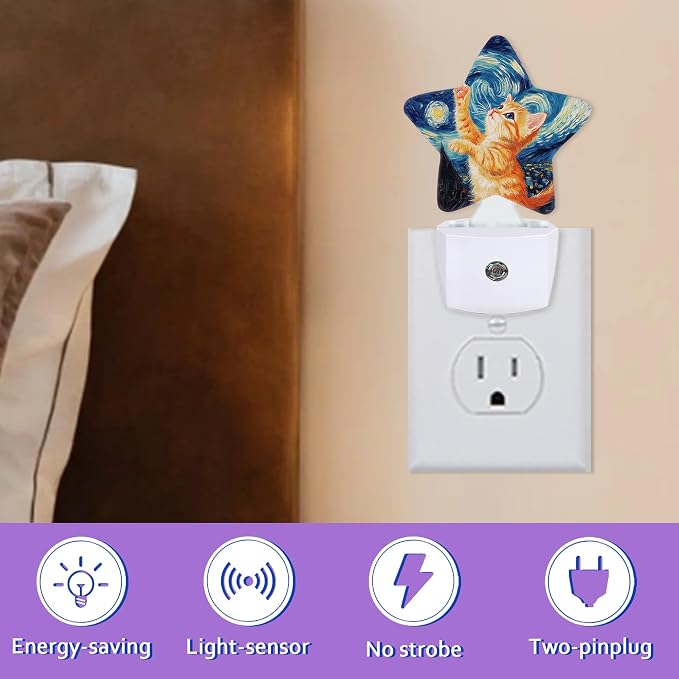 Cute Cat Night Lights Plug Into Wall,Blue Starry Sky Dusk to Dawn Light Sensor Night Light for Kids, Energy Efficient Sleep Friendly Lamp for Bedroom Bathroom Nursery