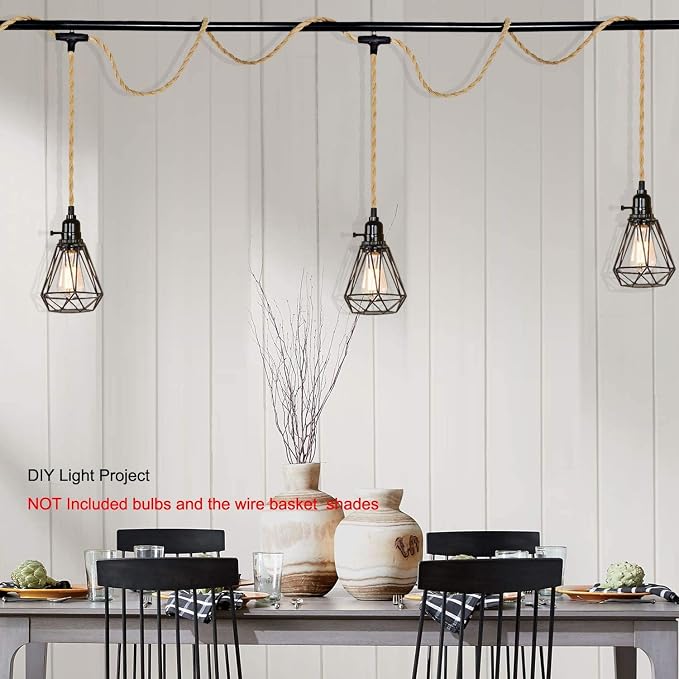 3 Light Plug in Pendant Lights Cord Hanging Lamp Kit | 22 Ft Long Hemp Rope Farmhouse Pndant Light Cord Lighting Fixture Kits DIY Hanging Light
