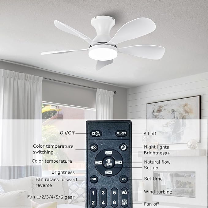 Ceiling Fans with Lights and Remote/APP Control, 33 Inch Low Profile Flush Mount Ceiling Fan with 3 Colors Dimmable LED, Reversible 6 Speeds DC Motor for Outdoor Patio, Kids Room, Bedroom （White）
