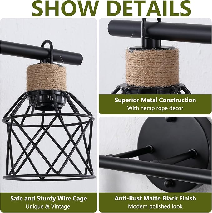4-Light Farmhouse Vanity Light Fixtures, Bathroom Lighting Fixtures Over Mirror, Rustic Vintage Black Wall Sconces Lights with Elegant Metal Lampshade for Mirror, Bedroom, Living Room, Hallway
