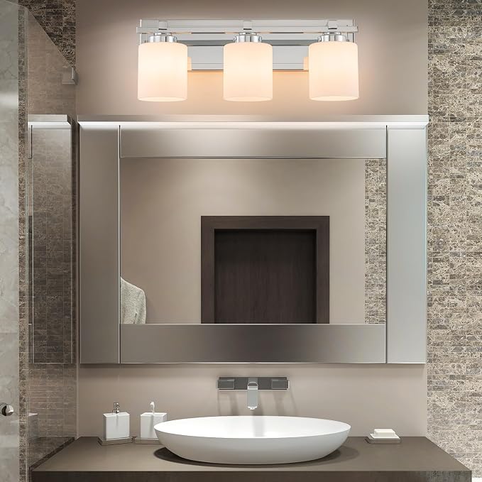 Modern Bathroom Light Fixtures Over Mirror, Vanity Lights for Bathroom Wall Sconces with Milky White Glass Shades, E26 Socket (Bulbs Not Included), 3 Light, Chrome