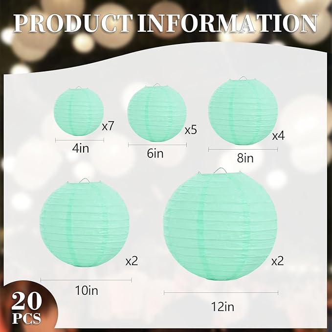 20Pcs Teal Paper Lanterns for Parties, 6” 8” 10” 12” Chinese Asian Hanging Round Paper Lanterns for Birthday Wedding Halloween Christmas Home Decor Party Decor