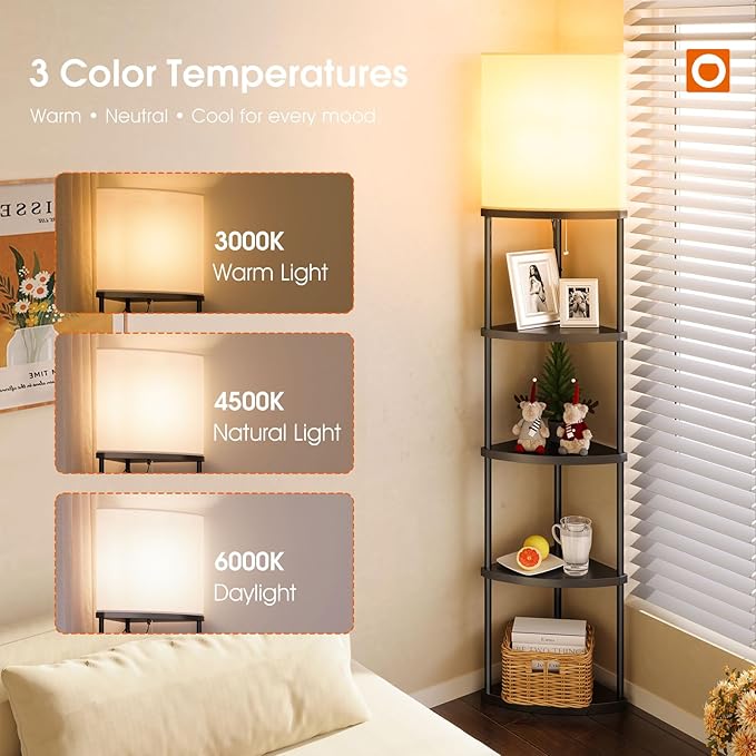 addlon Floor Lamp with Shelves, 5-Tier Adjustable Corner Lamp with 3 Color Temperatures & Linen Shade, Modern Floor Lamps for Living Room, Home Office & Bedroom (E26 LED Bulb Included, 800lm) - Black