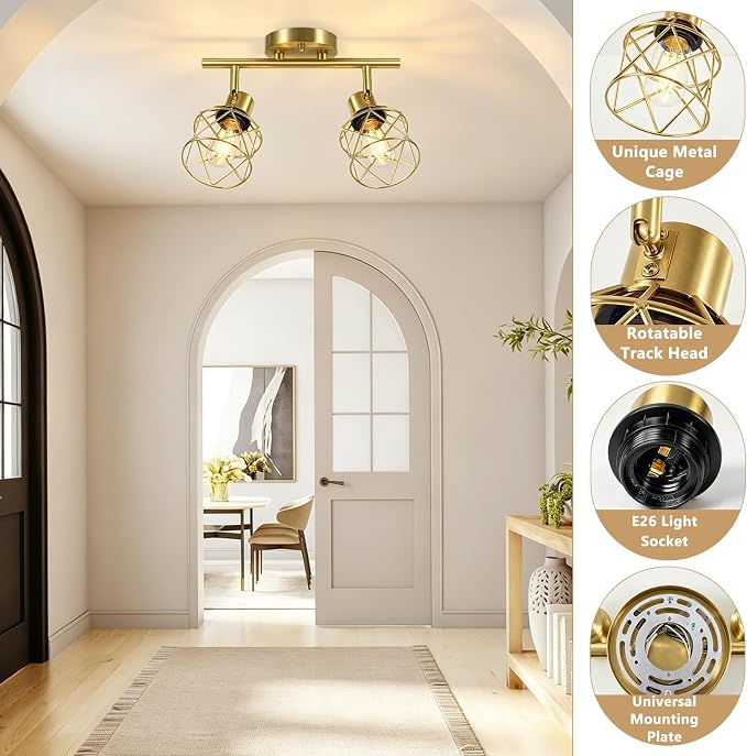 Baocuz 2-Lights Kitchen Track Lighting Ceiling, Adjustable Multi-Directional Gold Ceiling Light Fixtures, Rotatable Farmhouse Light Fixtures Ceiling Mount with Metal Cage for Dining Room, Living Room
