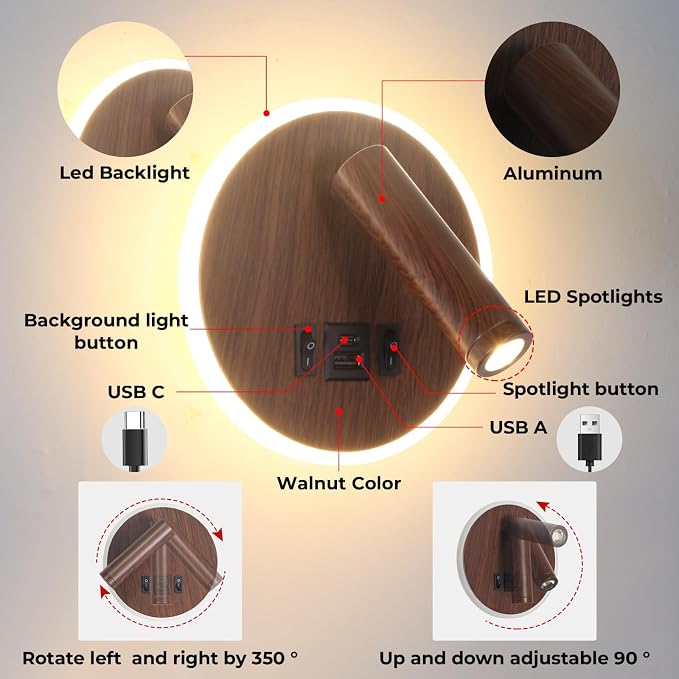 Plug in Wall Light with Wall Mounted Reading Lights with Switch | Wall Lamp for Bedroom with USB C+A Ports, Headboard Light with 3W+9W Night Light, Walnut Color Reading Light Adjustable Angle