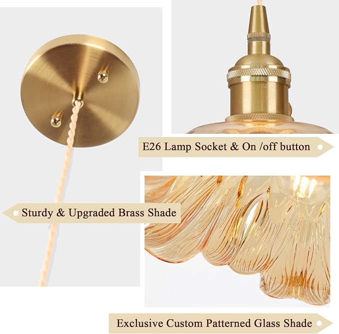 Battery Operated Pendant Light,Amber Chandelier RGB Light Bulb 2500mAh 11in Vintage Light Fixtures with Remote Control Wireless Adjustable Rechargeable Chandelier for Kitchen Island Hallway 2Pack