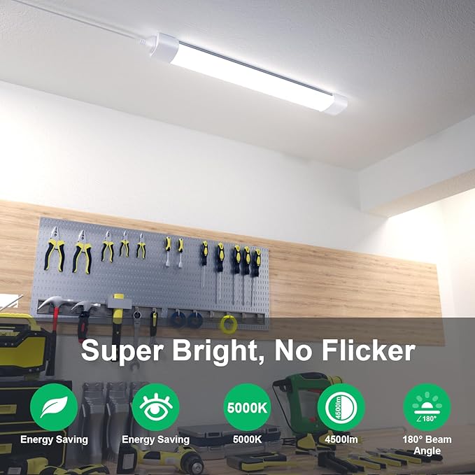 Plug in Light Fixture, 4FT Linkable 5000K Plug-in Ceiling Lights for Shop Garage, LED Tube Light for Closet, Cabinet, Workbench, Kitchen, Office, Bathroom, Triproof, 36W