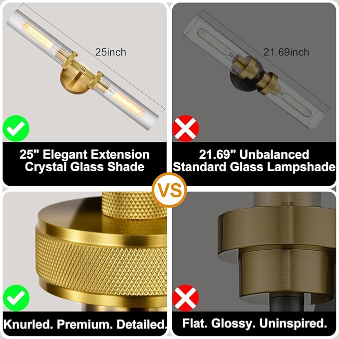 LaLuLa Gold Bathroom Vanity Light Fixtures – 2-Light Hardwired Wall Sconces with Rippled Glass Shades and Textured Metal Frame, Modern Vanity Lighting for Mirror, Bedroom, or Hallway, 25”