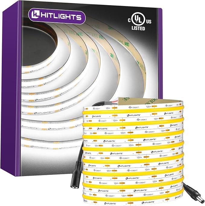 HitLights White COB LED Strip Lights 5000K, 16.4ft 12V Tape, UL Listed | 2640 LEDs, 426 lm/ft, CRI 90+, IP30, High Density, Cuttable, Rope Lighting for Kitchen Cabinets, Power Source Not Included