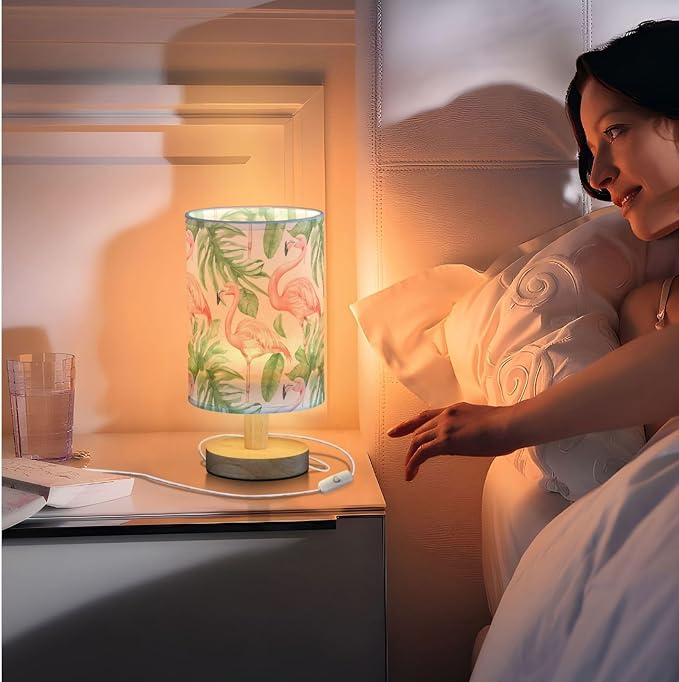 Light Pink Flamingos Tropical Leaves Bedside Table Lamps with USB Port for Bedroom Lamp Accent Table Lamp Small Nightstand Lamp Sturdy Linen Shade Wooden Decorative Lamps for Office Dorm Home