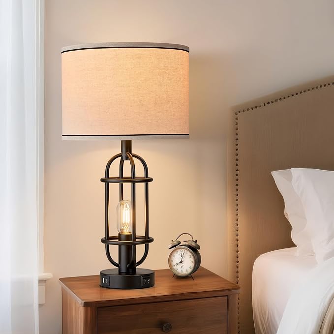 Reaketon Black Table Lamps for Living Room Set of 2, 22.3" Farmhouse Lamps for Nightstand, Industrial Table Lamps for Bedroom with USB Ports, Bulbs Included