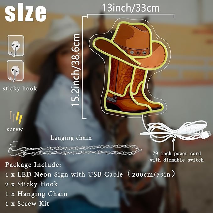 Cowboy Boot Hat Neon Sign 15.2”x13”LED Western Yellow Cowboy Boot Neon Light for Wall Decor Dimmable Hat Light Up Sign for Bedroom Game Room Man Cave Presents for Birthday Party Rodeo Enthusiast
