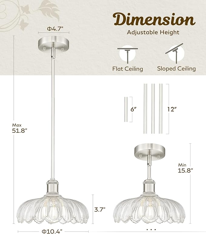 FEMILA Classic Brushed Nickel Flower Glass Pendant Light | 10.4" vintage glass pendant light fixtures for breakfast nooks, dining tables, bar counters E26, adjustable hanging height