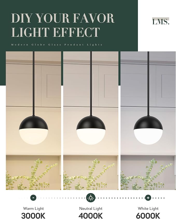 8-inch Black Pendant Lights Kitchen Island, Modern Globe Pendant Light with Frosted Glass, Contemporary Mid Century Hanging Light Fixture for Kitchen Island Sink Bedroom Bathroom, LMS-186