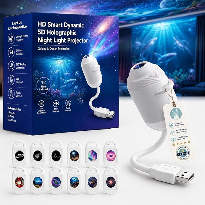 2027 New Hd Smart Dynamic 5d Holographic Night Light Projector, Plug and Play Hd Star Projector, 360° Adjustable Hd Galaxy and Ocean Projector for Bedroom Ceiling
