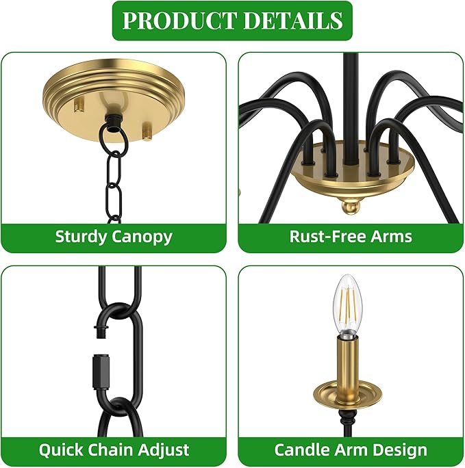 Rustic Farmhouse Candle Chandelier for Dining Room, 6-Light Rustic Black Iron Light Fixture with Classic S-Arm Design for Kitchen Island, Living Room, Foyer-Black and Gold