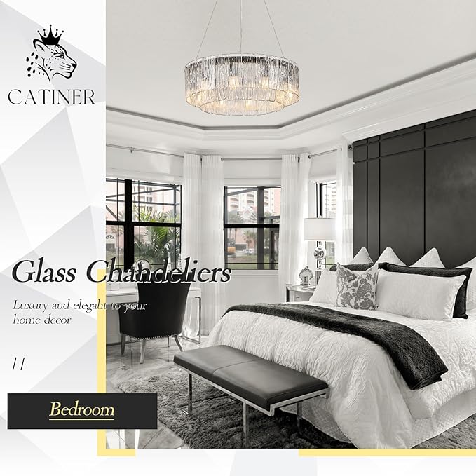 Modern Crystal Glass Round Chandelier 24”Black Chandeliers 10-Light Drum Pendant Ceiling Light Fixtures Luxury 2 Tiers Hanging Lighting for Dining Room Foyer Living Room Bedroom