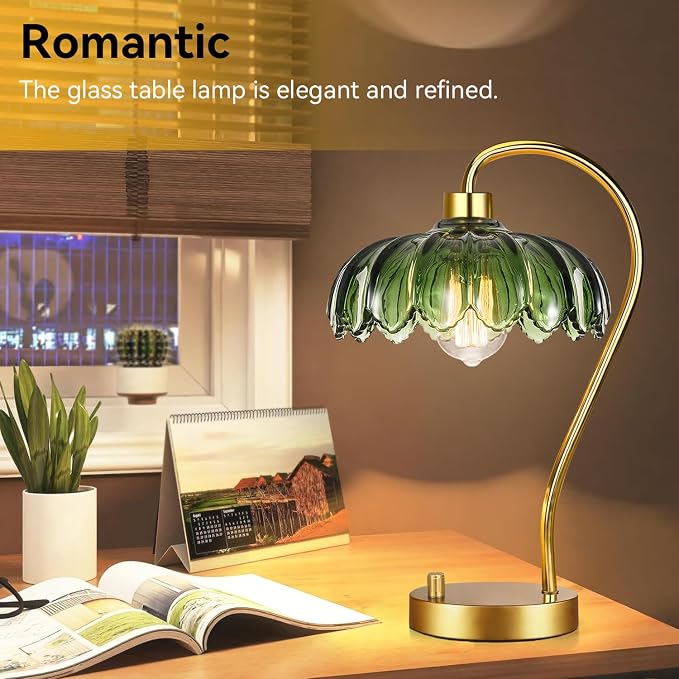 ILLMTW Flower Table Lamp Set of 2,Small Gold Bedside Lamps Dimmable Boho Bedroom Lamp with Glass Green Lamp Shade,Vintage Mid Century Modern Mini Nightstand Lamp for Bedroom Living Room