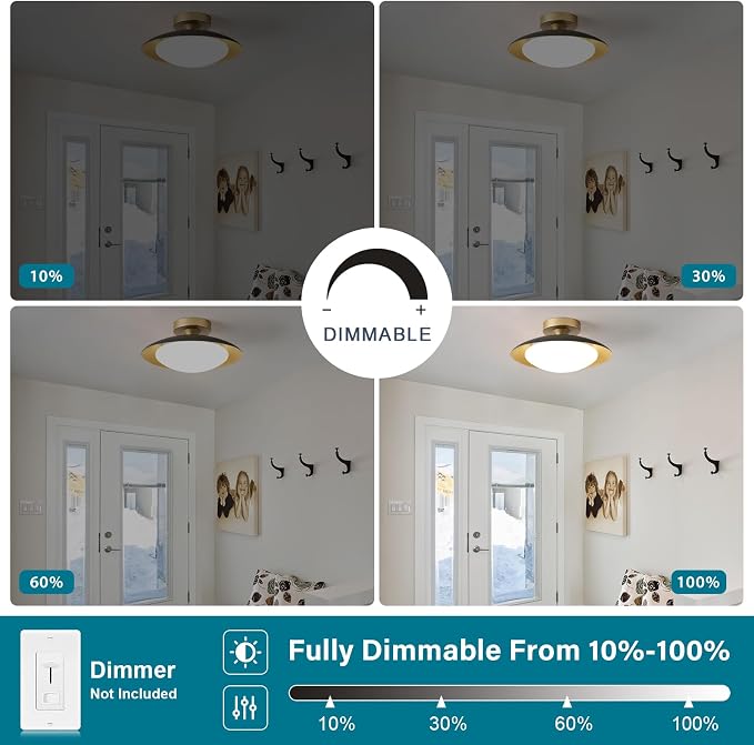 YURNYQ Dimmable Modern LED Black and Gold Ceiling Light Fixture 11.81 in | Glass Shade Kitchen Semi Flush Mount Ceiling Light Fixture,5CCT In One Light Fxiture for Hallway Bedroom Laundry Room Foyer