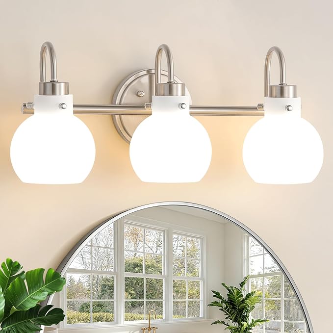Bathroom Wall Light Fixture Brushed Nickel 3 Light Vanity Light | Wall Sconce with Milk Globe Glass Shade Bath Wall Lamp over Mirror Farmhouse Wall Mount Light for Living Room Bedroom Hallway