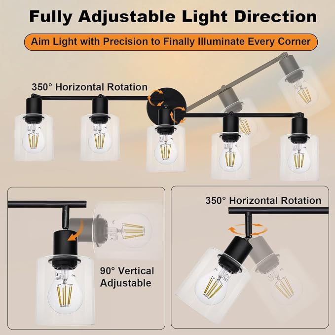 HiBay 5-Light Black Track Lighting Fixture Ceiling Flexible Glass Spotlight | Multi Directional & Foldable, Modern Farmhouse Industrial, for Kitchen, Living Room, Home Office, E26 Base