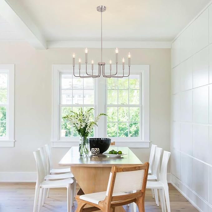 8-Light Farmhouse Chandelier for Dining Room Light Fixtures, Brushed Nickel Dining Room Light Fixture, Candle Ceiling Industrial Modern Chandelier for Living Room Kitchen Entryway Foyer Bedroom