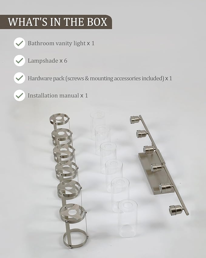 6-Light Brushed Nickel Bathroom Light Fixtures Over Mirror with Clear Glass and Metal Cage Shade, 42" UL-Listed Modern Farmhouse Wall Sconce for Bath, Hardwire E26, OS-3014BN-6W