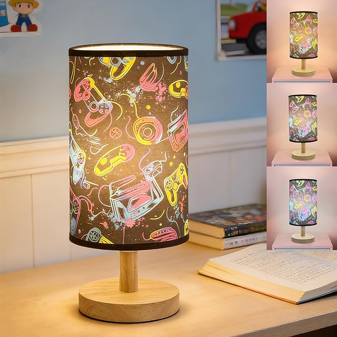 Gaming Table Lamp Video Game Desk Lamp for Bedroom Gaming Room Decor Lamps | 3 Lighting Modes LED Nightstand Night Light,Wood Gaming Themed Bedside Lamp for Boys Girls Teens Game Lovers Birthday Gifts