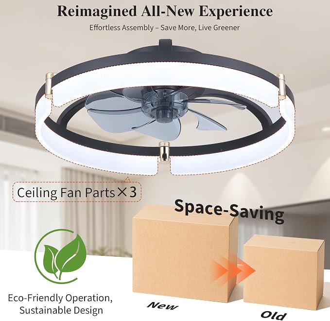 Smart Ceiling Fans with Lights Remote - 20'' WiFi Alexa Flush Mount Low Profile Modern Ceiling Fans for Bedroom - Stepless Color Temperature and 6 Speeds - Black