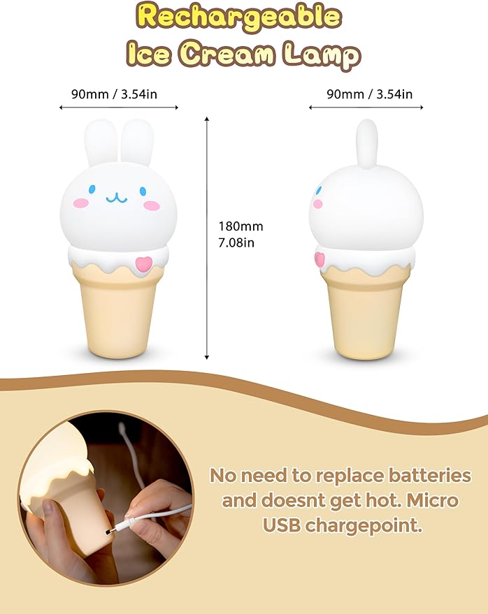 LOHAS Bunny Ice Cream Cute Night Lights, 7 Colors Kawaii Desk Decor, Pat Control and Rechargeable Base, Funny Gift, Bedroom and Nursery Décor