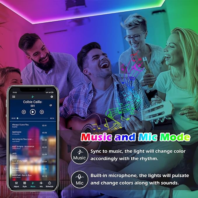 Led Strip Lights,Long Smart Led Light Strips Music Sync 5050 RGB Color Changing Rope Lights,Bluetooth APP/IR Remote/Switch Box Control Led Lights for Bedroom,Home Decoration,Party,Festival (200FT)