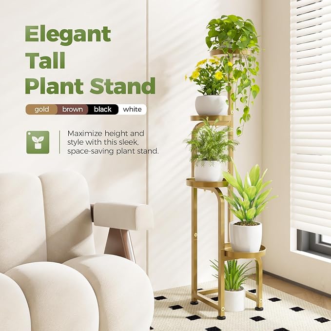 Bamworld Corner Plant Stand Indoor Outdoor Tall Metal Flower Pot Stands | 4 Tier Gold Heavy Duty Plant Shelf for Patio Garden Balcony Living Room Bedroom(Patent Design)