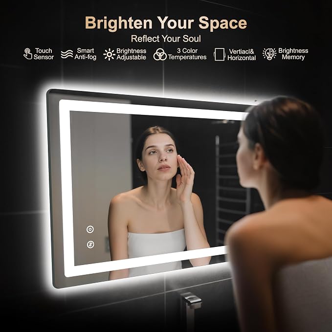 24x40 LED Bathroom Vanity Mirror with Lights, Anti-Fog, Dimmable | Front & Backlit with 3 Color Modes and Memory, 5mm Shatterproof Glass, Plug-in or Hardwired, Horizontal or Vertical